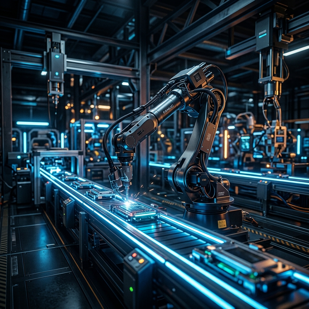 Futuristic assembly line with robotic arm